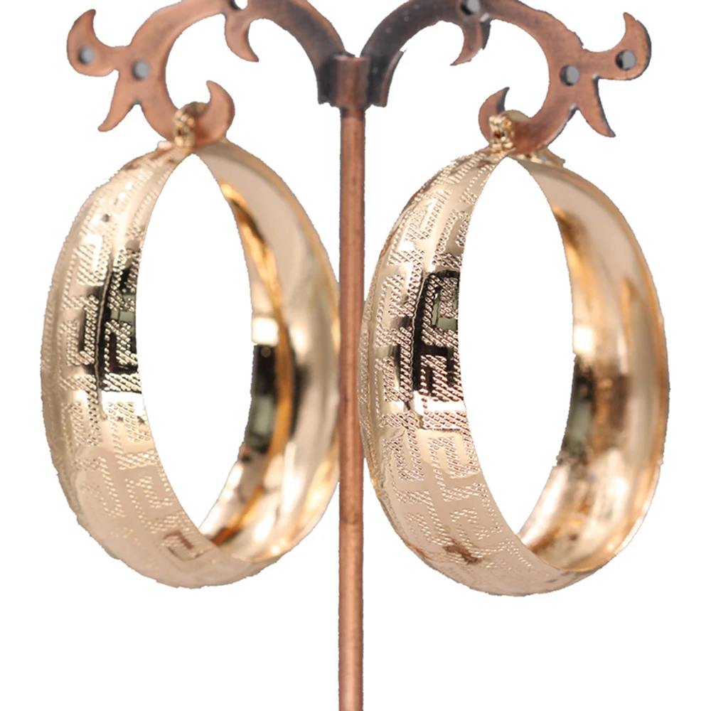 Винтажные серьги-кольца для женщин, позолоченные серьги с узором, большой круглый круг, ретро металл