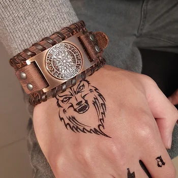

WIDE VIKING LEATHER MENS BRACELET NORDIC RUNES ODIN SYMBOL WRAP WRIST MESH SLIDE ADJUSTABE DAD BOYFRINE VANTAGE JEWELRY