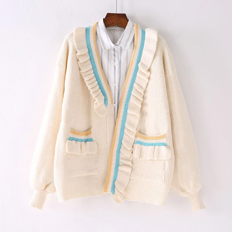 

2019 Autumn New Style Frilled Korean-style Sweater Coat Women's Loose-Fit College Style Knitted Cardigan Very Fairy of Students