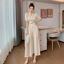 

Casual Retro Long Fashion Summer Jumpsuit 2021 Korean Style Jumpsuit Ladies Elegant Short-sleeved Belt Chiffon Wide-leg Pants