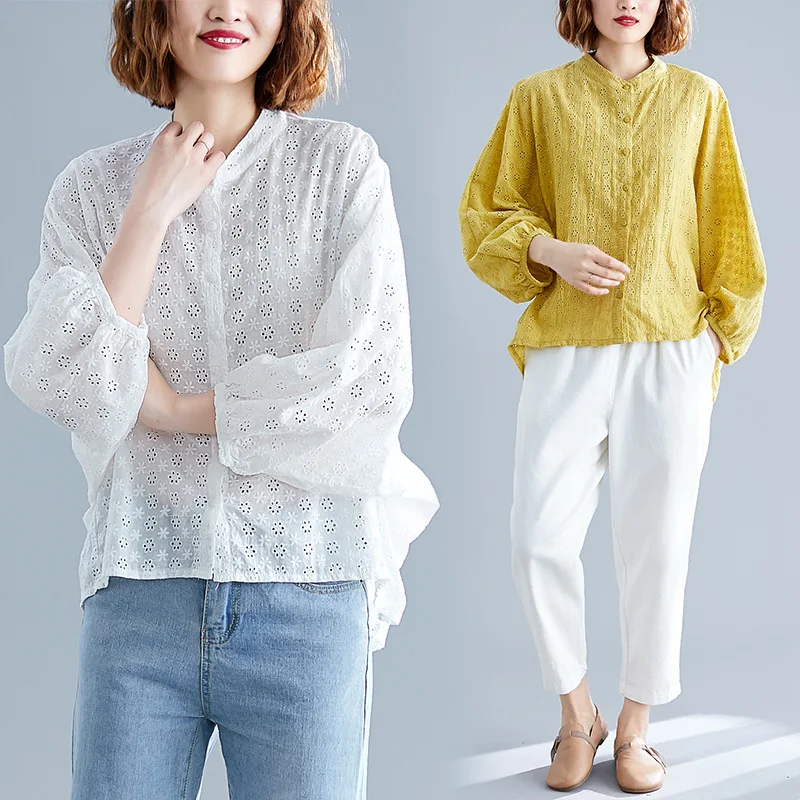 

2019 Autumn Clothing New Style Korean-style Literature And Art Embroidered Long-sleeved Shirt Fat Mm Slimming Comfortable Fold-d