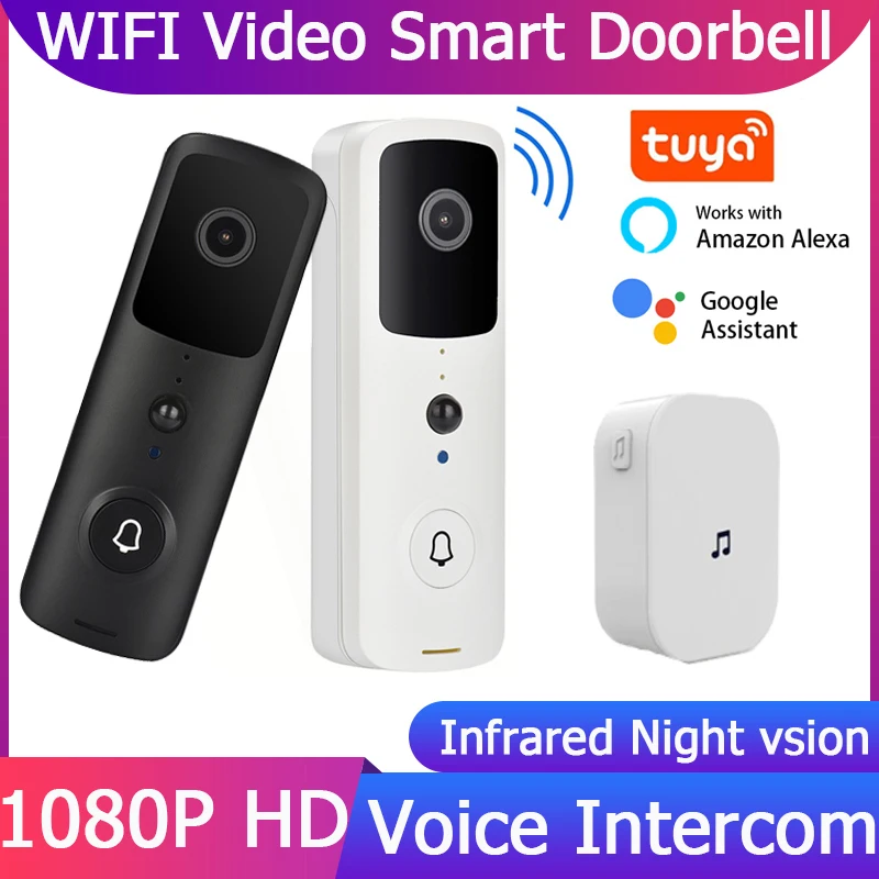 GUUDGO Tuya 1080P WiFi Video Timbre Cámara Exterior Inteligente Timbre Inalámbrico Visión Nocturna Smart Home Video Cámara de Seguridad Timbre de Puerta Tuya Smart Life Smartlife funciona con Alexa Asistente de Google