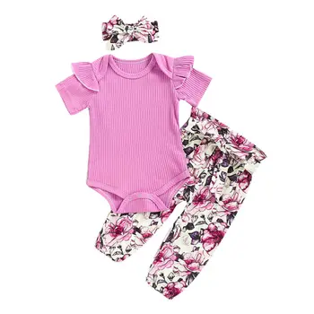 

Newborn Baby Girls Ruffle Solid Color Romper Jumpsuit Floral Long Pants Trousers Headband Outfits Set