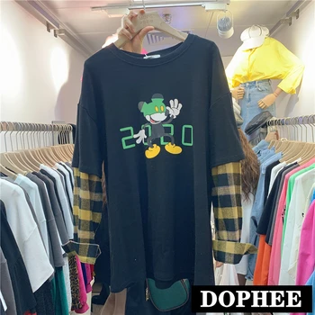 

New 2020 Spring Cartoon Mouse Printing Plaid Sleeve Stitching False Two Piece Cotton T-Shirts Women Loose Tee Shirt Basic Tops