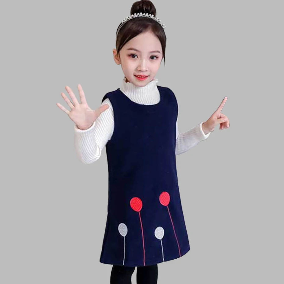 Платье для девочек, платья с вышитыми героями мультфильмов для девочек, плотное шерстяное платье-жилет для девочек, осенняя Милая зимняя одежда для девочек 6, 8, 10, 12, 14 лет