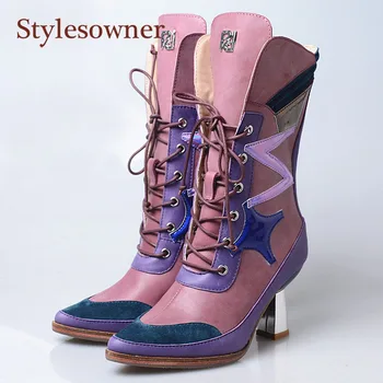 

Hot Winter Autumn Cow Leather Pointed Toe Lace-Up Martin Boots Thick-heel Mixed Color Purple Yellow Handsome Fashion Woman Boots