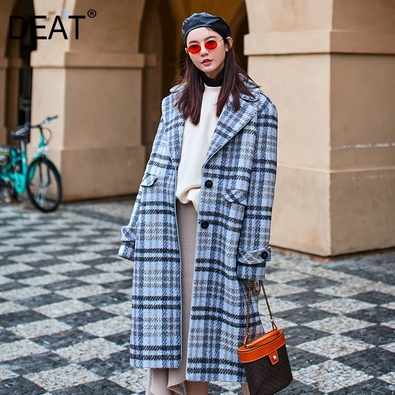 

[DEAT] 2019 New Spring Summer Lapel Long Sleeve Single Breasted Plaid Temperament Windbreaker Women Trench Fashion Tide 13D414