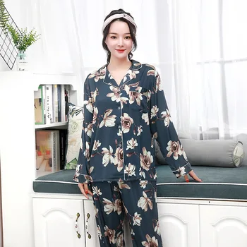 

Autumn Sexy Print Flower 2PCS Pajamas Set Pyjamas Rayon Sleepwear Lady Sleep Suit Sleep Wear Nightwear Lounge Home Clothes