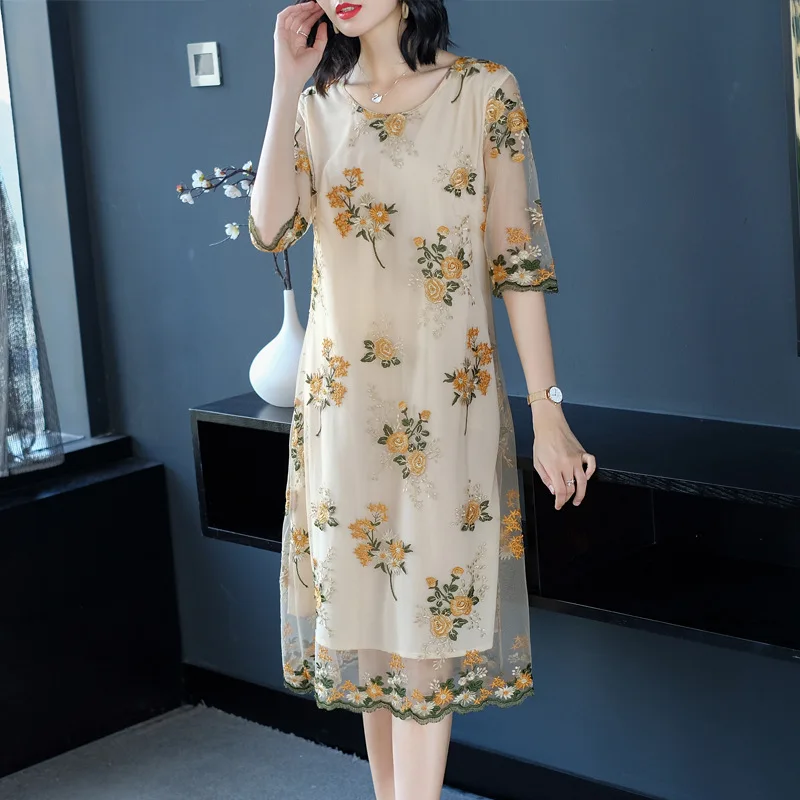 

2018 New Style Summer WOMEN'S Dress-Style Elegant Versatile Mid-length Loose-Fit Slimming Large Size Gauze Embroided Dress