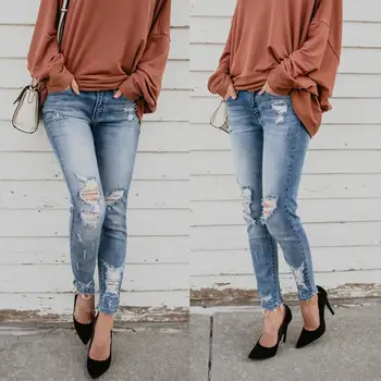

Women Ripped Hole Denim Jeans High Stretch Pencil Pants Skinny Jean Femme