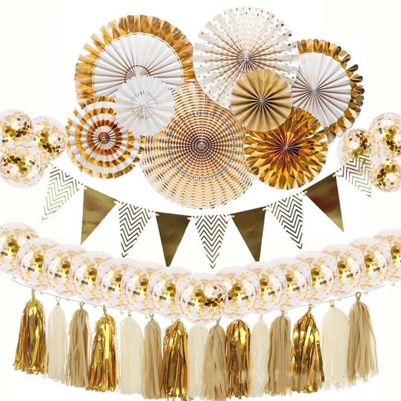 

Party Decorations Paper Fan Tassel Aluminum Foil Gold Confetti Balloons Set Baby Shower Wedding Christmas Decoration DIY Decor