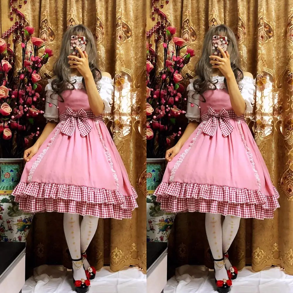 

Платье в стиле Лолиты; розовое шифоновое платье на бретельках с милым принтом; платье принцессы в викторианском стиле; платье в стиле каваи для девочек; Готическая Лолита; jsk loli