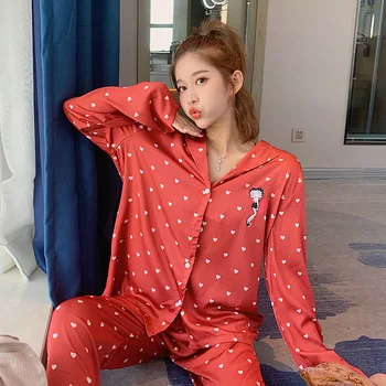 

Silk pajamas women's print cute two-piece suit ladies spring and autumn long-sleeved red silk loose fashion cardigan pajamas
