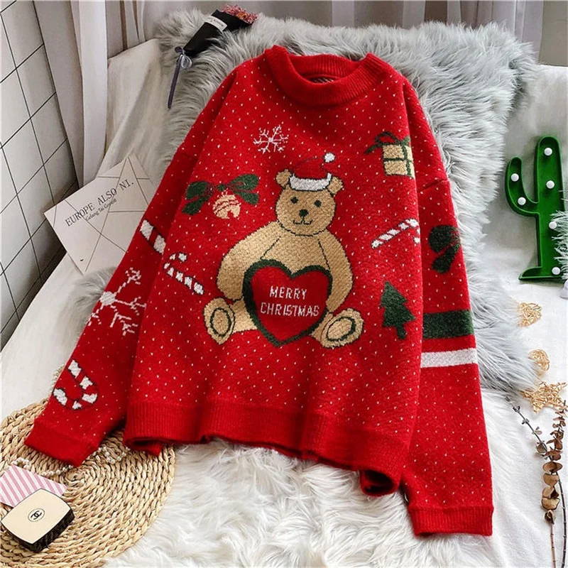 HF19879 Red H. SA, женский свитер и пуловеры с мультипликационным принтом Kawaii, Рождественский свитер с изображением медведя Красного колокольчика, джемперы, свободные свитера, Sueter Mujer, милый свитер - Цвет: HF19879 Red
