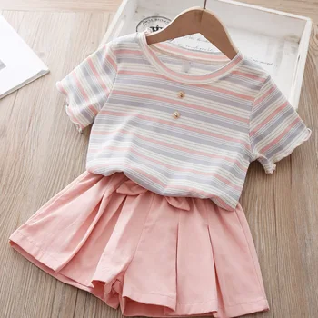 

Girl Clothing Set 2020 Summer Girl Striped 2Pcs Children Dress Outfit Set Short Sleeve Sweet Bow Knot Tee+Solid Skirts for 1-5Y