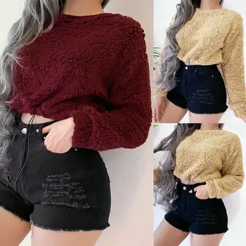 

Autumn Women Sweaters Pullovers Knitted Fluffy Jumper Crop Top One Neck Long Sleeve Mohair Slim Knitwear Sueter Muje