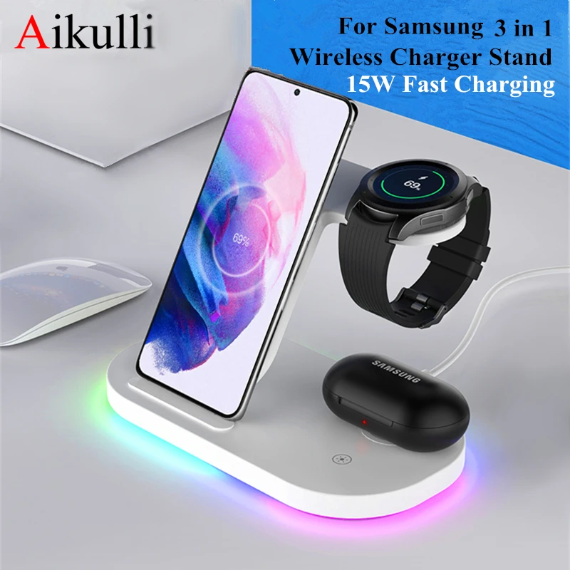 Wireless Charger Station Qi 15W Fast Charging Stand for Samsung Galaxy Buds S21 S20 Note 20 10 9 Galaxy Watch 3/Active 2/Gear S3