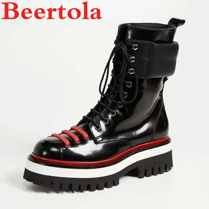 

New Genuine Leather Women's Ankle Boots High Quality Platform Lace Up Mixed Color Short Motorcycle Boots For Women British Style