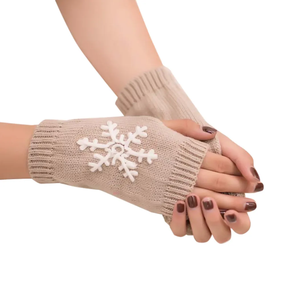 Женские зимние теплые перчатки со снежинками Рождественский трикотаж перчатки на пол пальца вышитые снежинки мягкие перчатки без пальцев для девочек женские варежки - Цвет: Beige