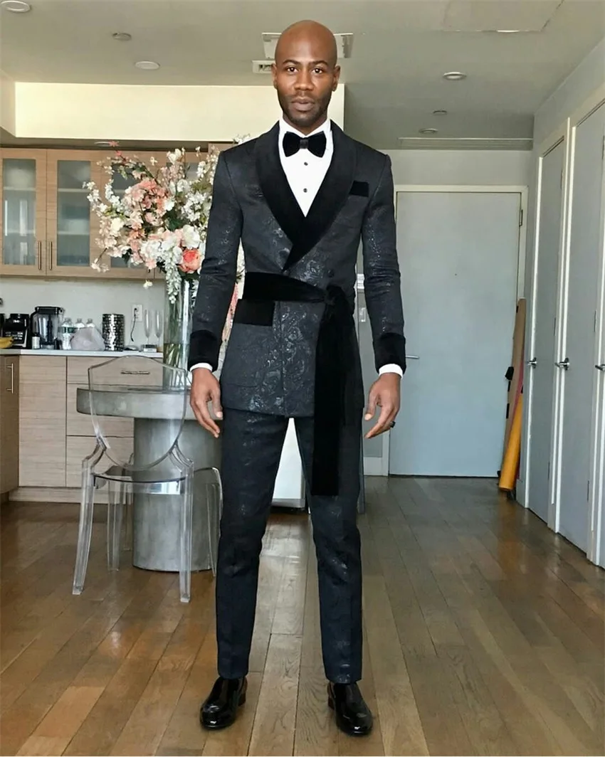 Black Men\'s Suit with Belt Velvet Lapel Jacquard Wedding Groom Tuxedos Dinner Party Custom Made Jacket and Pants 2 Pcs
