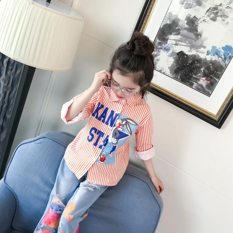 

Childrenswear Girls 2018 New Style Spring Clothing Mid-length Shirt Little Girl Spring And Autumn Korean-style Fashion Stripe Cl