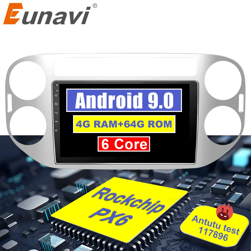 Eunavi 10,1 дюймов Android 9,0 2 Din автомобильный навигационный GPS радиоприемник стерео для VW Tiguan wifi 4G + 64G RK3399
