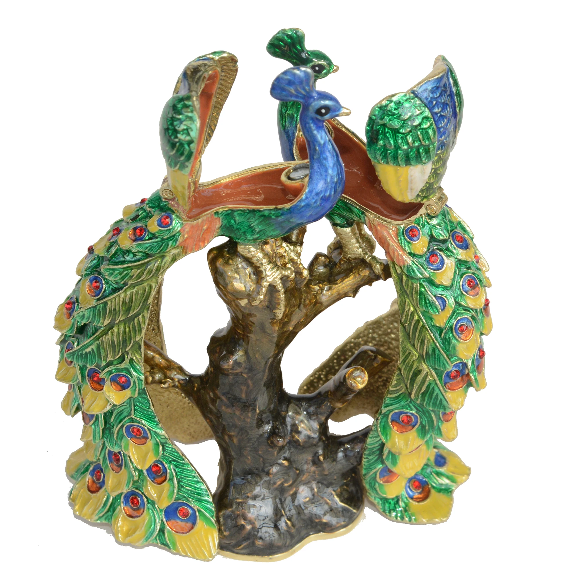 Bejeweled Peacock Lovers Trinket Box, Metal Tabletop, Figurine Decoration