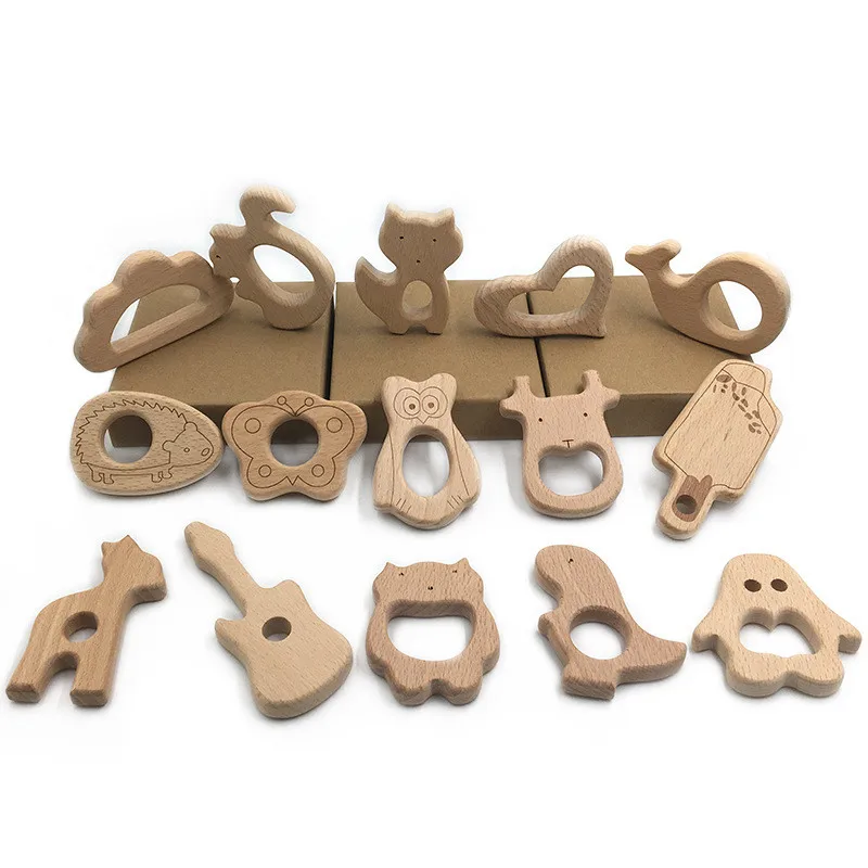 Мультяшные детские деревянные Прорезыватели для зубов из пищевого бука, деревянные пустышки в форме животного, деревянный безопасный Прорезыватель для зубов, игрушки для новорожденных