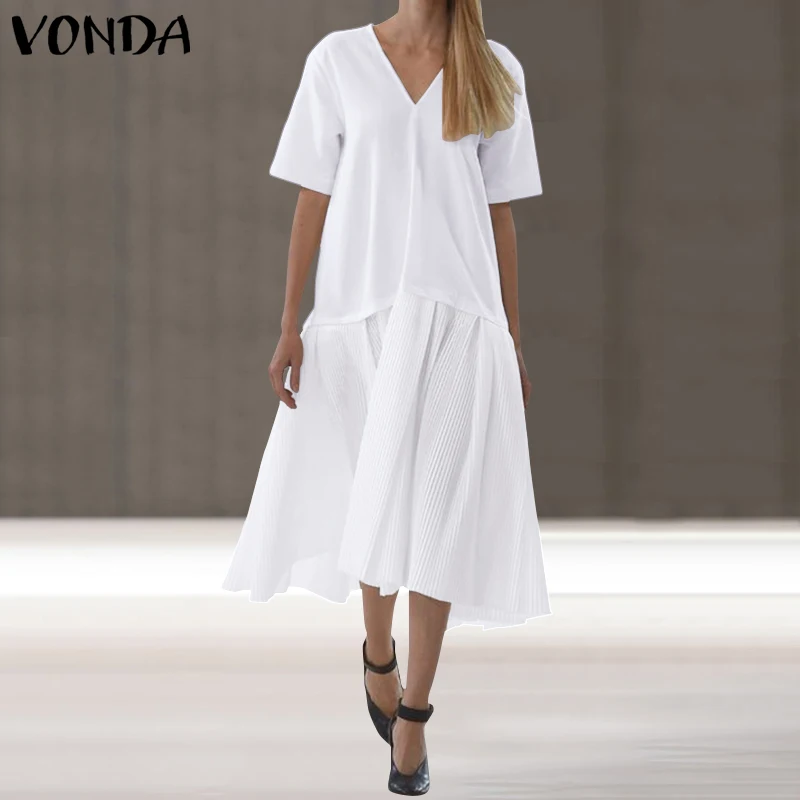 VONDA Для женщин короткий рукав V образным вырезом Вечерние Платье Повседневное в стиле пэчворк с длинным рукавом Свободные мешковатые платья свободные пляжные платья материнства длинный халат