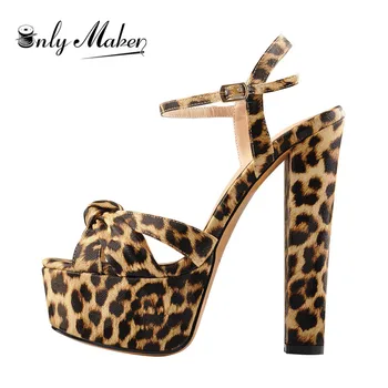 

Onlymaker Women's Platform Block Thick 16CM Ankle Strap Sexy Leopard Print Party Sandals For Summer