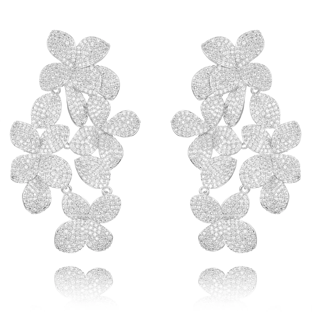 GODKI Monaco Design Flower Charms Trendy Women Earrings Cubic Zircon Drop Earring For Women Wedding Party Accessories - Окраска металла: Silver Big Size