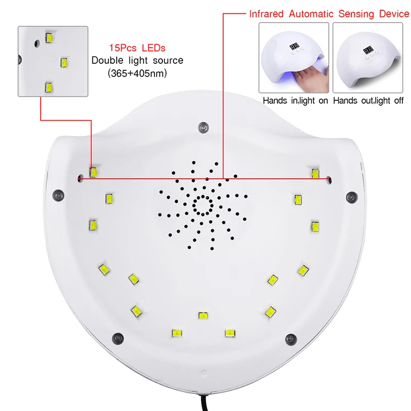 24 Вт УФ светодиодная лампа для сушки ногтей для лечения всех гель-лаков 15 Светодиодный s УФ-лампа для ногтей USB маникюрная машинка для отверждения лампа с таймером 30s 60s 90s Солнечный свет
