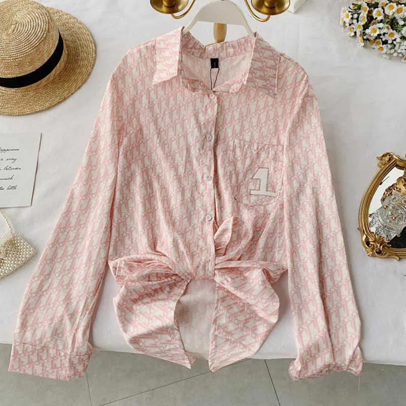 

2019 New Arrival Women Fashion Pink Print Thin Shirt Turn-down Collar Long Sleeves Loose Blouse Vintage Casual Mujer Blusa