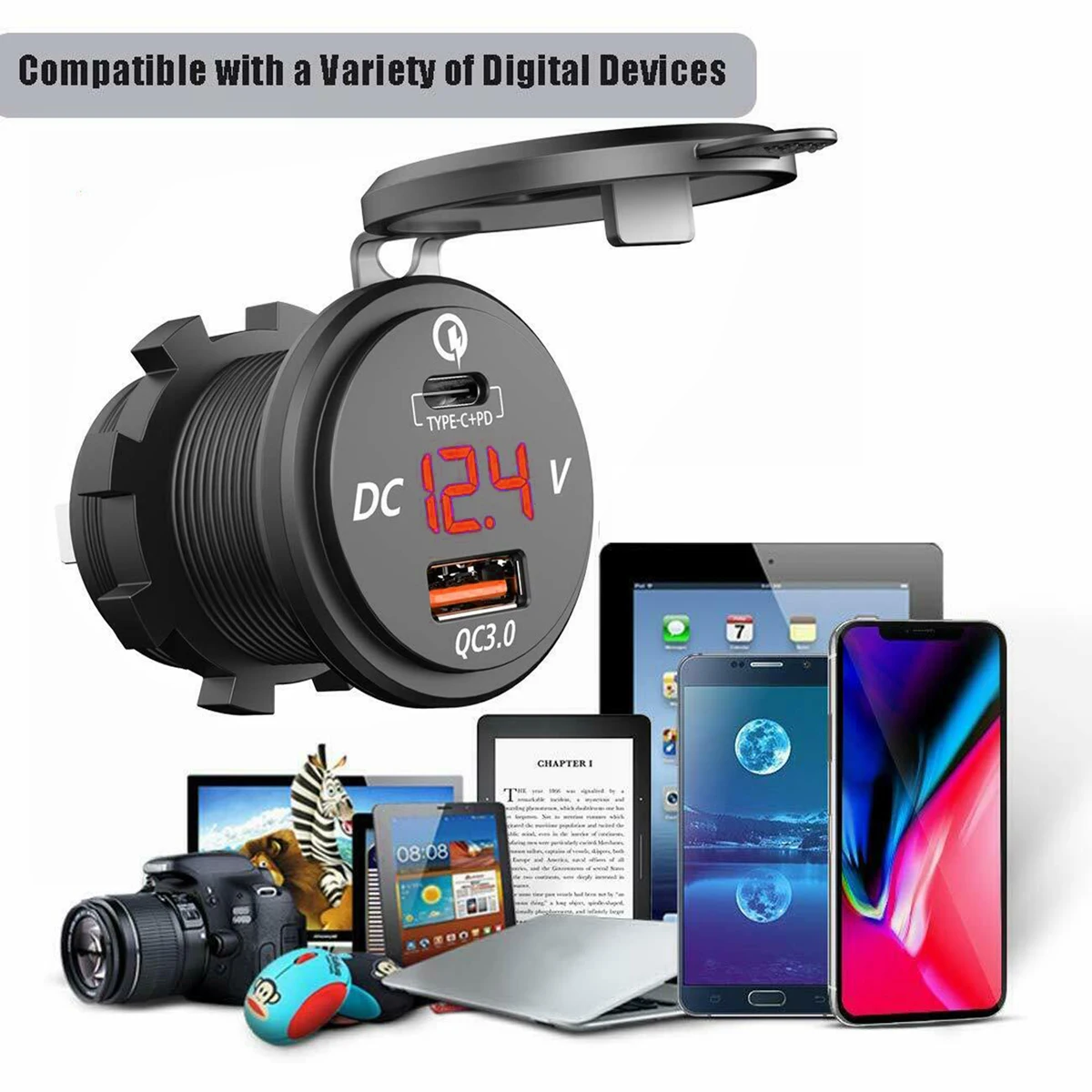 Адаптер зарядного устройства PD QC3.0 с двумя USB портами и светодиодным вольтметром