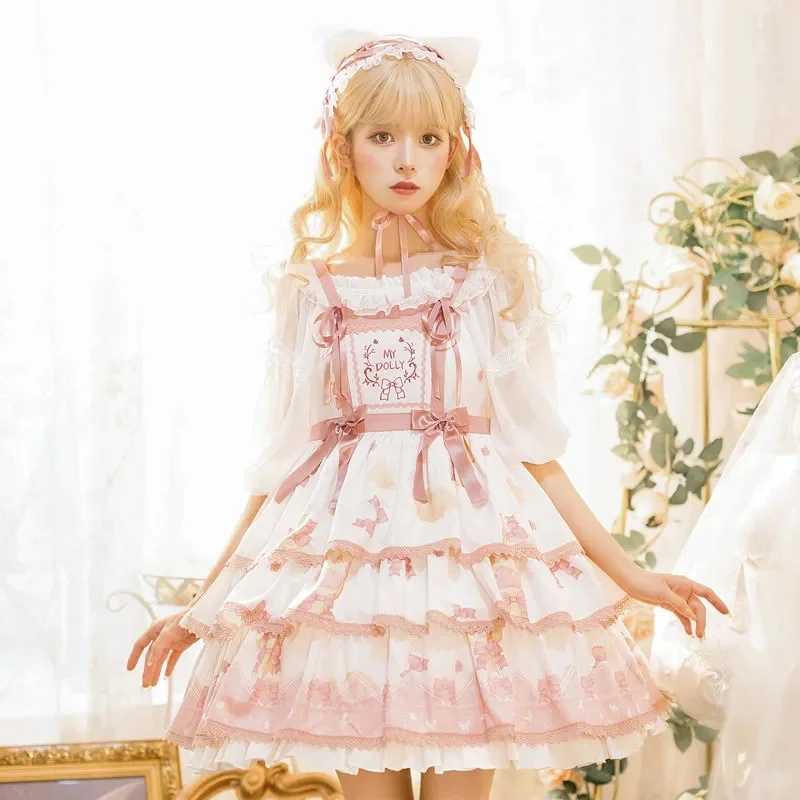 

Sweet Princess Lolita Pink Dress Vintage Falbala High Waist Printing Victorian Dress Kawaii Girl Gothic Lolita Jsk Cos Loli