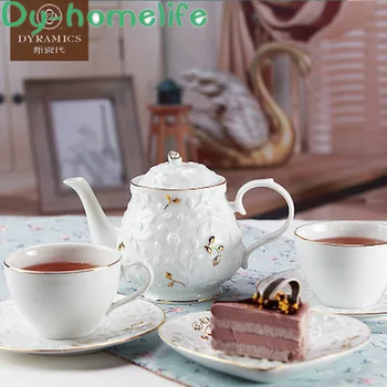 

Ceramic Coffee Tea Set Household China Afternoon Tea Pot Saucer European Style Relief ROSE Kettle Kit Wedding Gift Gift Box