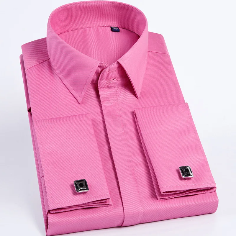 Quality Pink Men French Cufflinks Shirt Men's Shirt Long Sleeve Casual