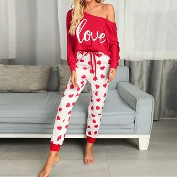 

Autumn Women's Pajama Sets Love Print Off Shoulder Lady Home Suit Drawstring Pant Letter Tops Casual Female Lounge Clothes