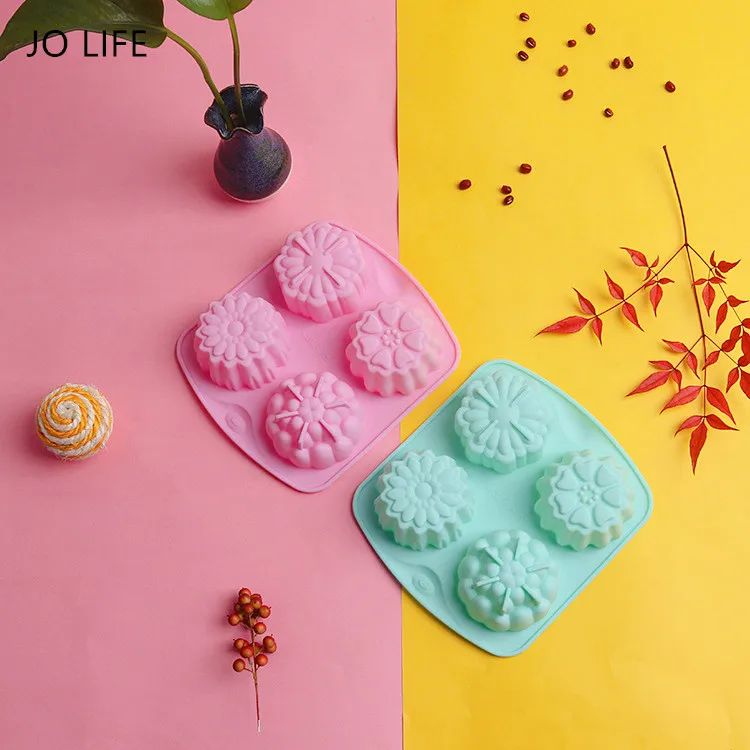 

JO LIFE 4 Cavity Random Color Flower Shaped Silicone DIY Bakeware Handmade Soap Candle Cake Mold