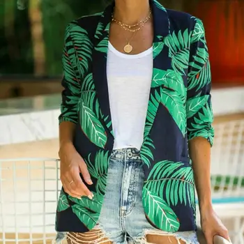 

2019 Print Fashion Womens Ladies Blazers Short Turn Up Sleeve Open Front Collared Casual Blazer