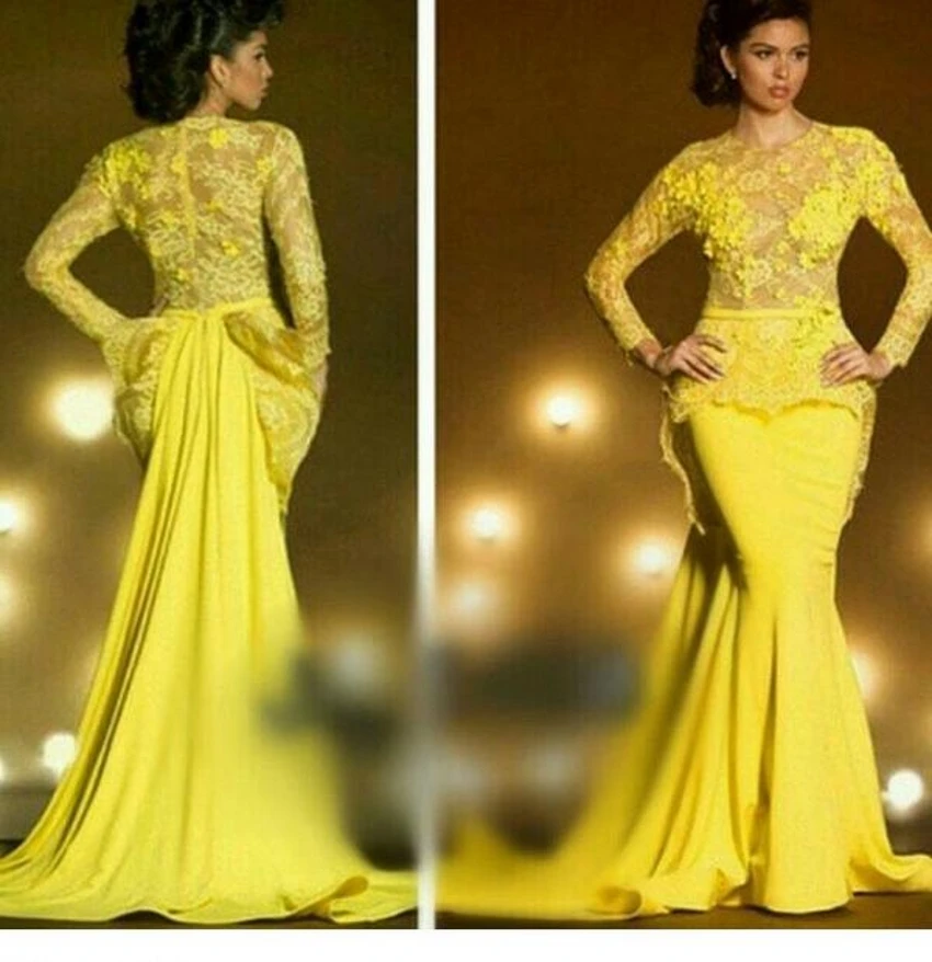 

2018 Yellow Muslim Sweep Train robe de soiree Mermaid Dubai Arabic Long Sleeve Evening Formal Gown mother of the bride dresses