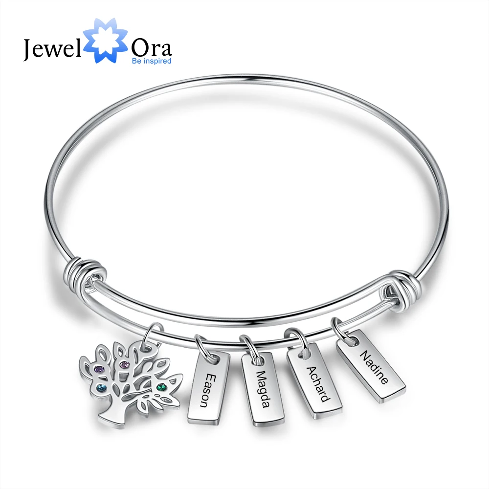 Stainless Steel Personalized Engraved Name Tags Bracelet with Family Tree Custom 2-7 Birthstone Tree of Life Bangles for Women