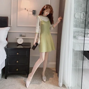 

Women O-neck Casual Ladies Dresses Autumn 2019 Three Quarter A-Line Mini Dress Green Contrast Formal Dress Women Elegant Robe