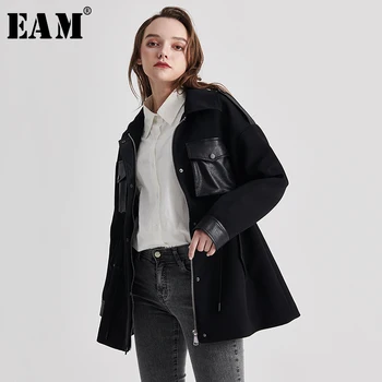

[EAM] Loose Fit Black Pu Leather Drawstring Temperament Jacket New Lapel Long Sleeve Women Coat Fashion Tide Spring 2020 1S099