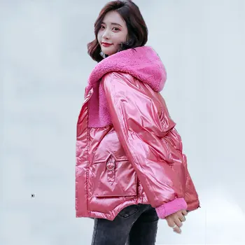 

2019 Winter Fashion New Bright Winter Jacekt Women Stitched Velvet Hooded Short Jacket Irregular Hem Loose Womens Winter Jackets