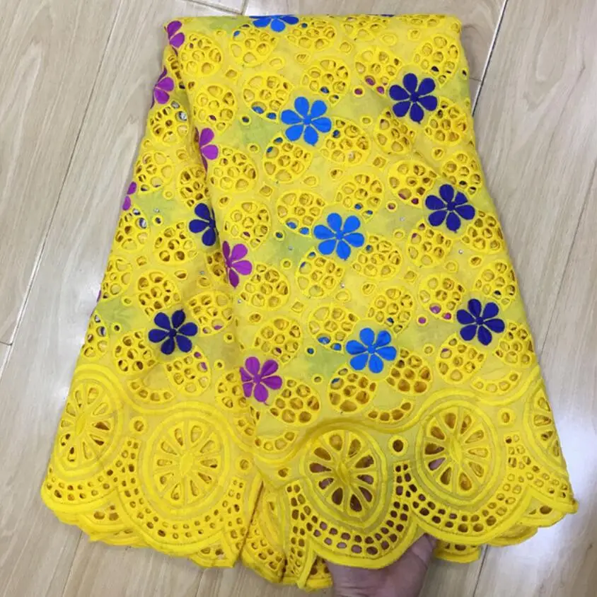 Желтая африканская сухая кружевная ткань высокого качества для женщин, хлопковое кружево, французская кружевная ткань с камнями, швейцарская вуаль, кружево в Швейцарии