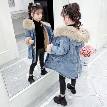 

Girls Winter Denim Jackets for Kids Outerwear Fleece Denim Coats Teenage Girls Jackets Hooded Warm Thicken Children Clothing 10Y