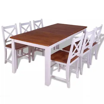 

7 Piece Dining Set Solid Teak Mahogany Solid Teak White And Brown Wooden Furniture Tables For Lunch Dining Table Indoor Use