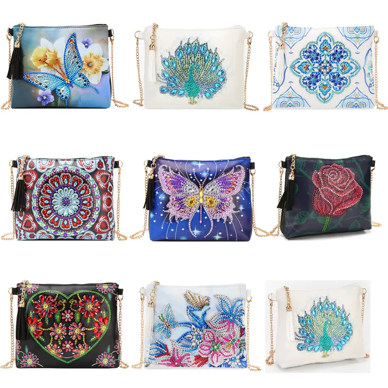 5D DIY Diamond Painting Peafowl Butterfly Flower Leather Crossbody Chain Bags DIY Diamond Embroidery Bag Wallet Pouch