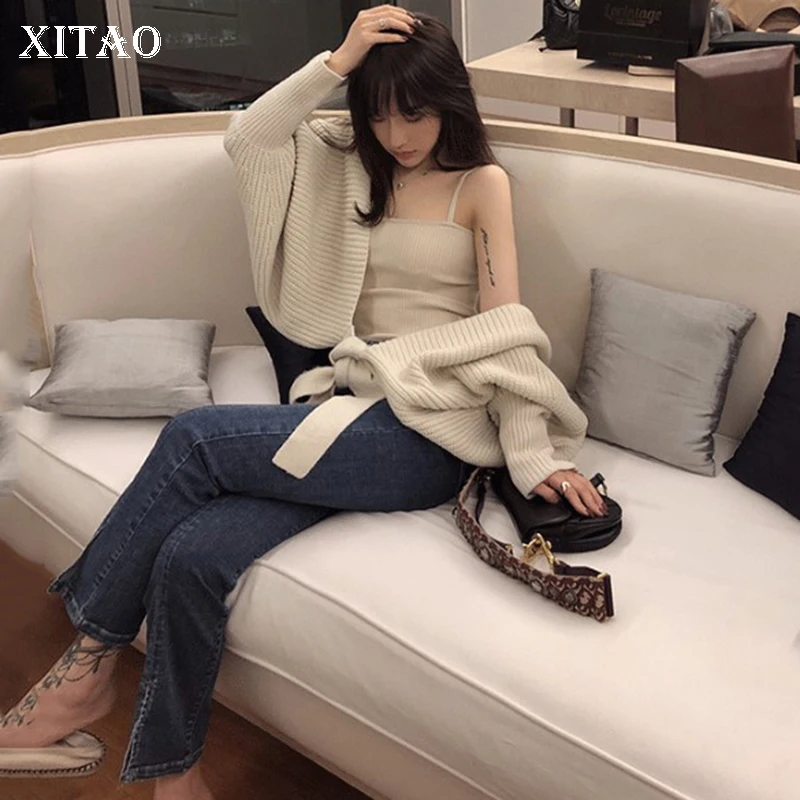 

XITAO Knitted Backless Sweater Fashion New Full Sleeve Lantern Sleeve Irregular Patchwork 2019 Winter Casual Sweater GCC2977